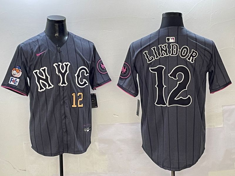 Men New York Mets #12 Lindor Black City Edition 2025 Nike MLB Jersey style 7